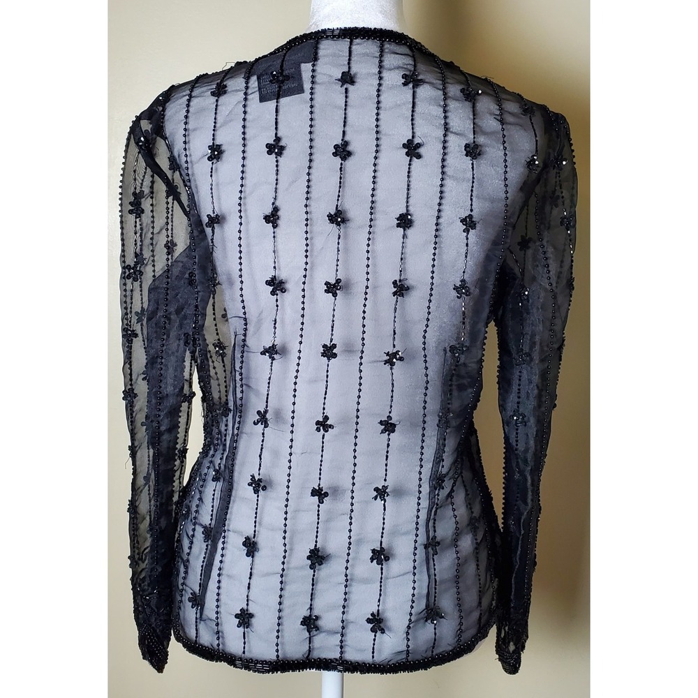 FLAWED Vintage Black Laurence Kazar Paris New York Sheer Beaded Jacket Small - Picture 2 of 12